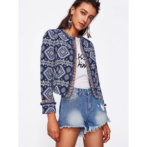 Tribal Print Frayed Open Front Blue Blazer, Medium